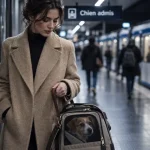 Chien metro rennes en sac près de la grille, station de métro