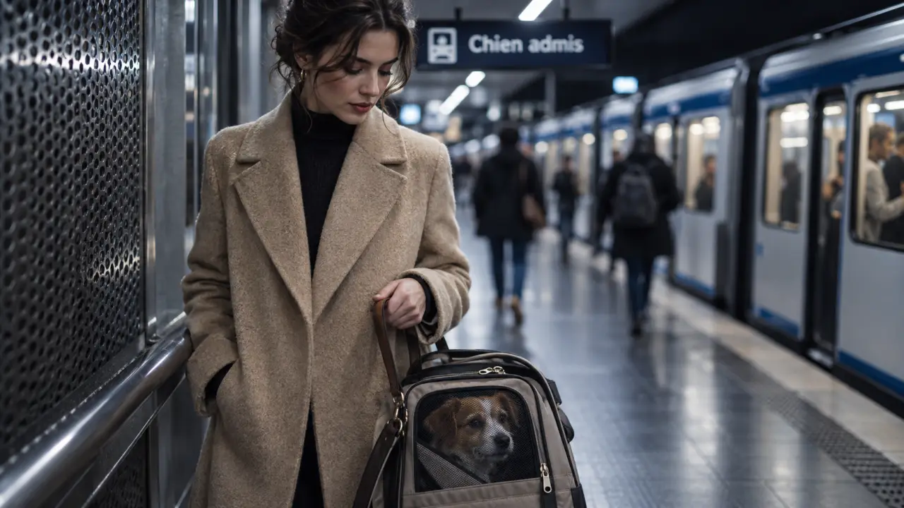 Chien metro rennes en sac près de la grille, station de métro
