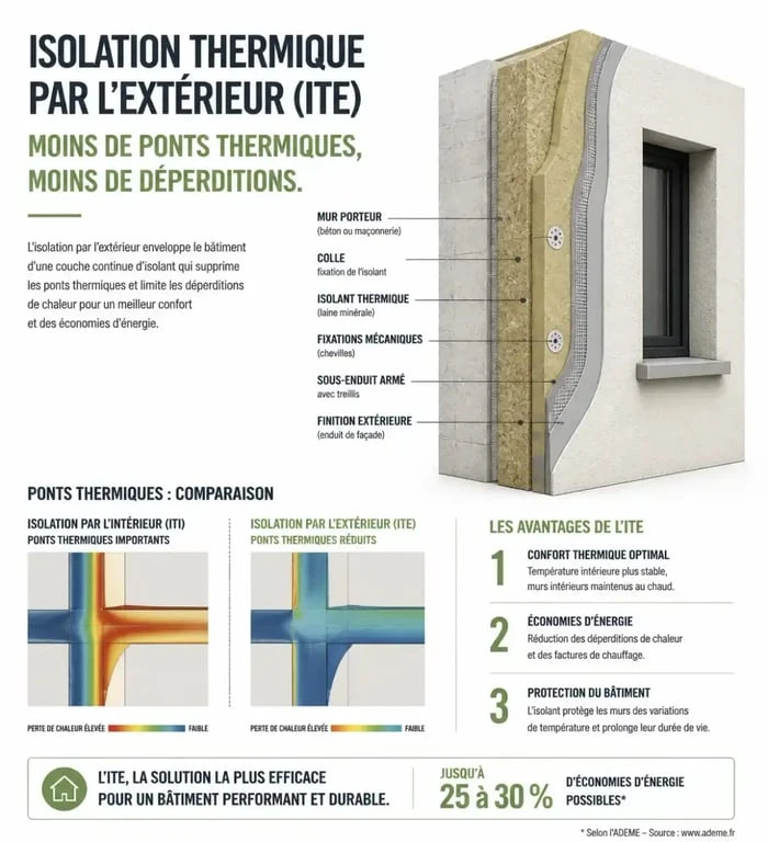 Schéma explicatif de l'isolation thermique par l'extérieur (ITE) pour une rénovation énergétique à Rennes