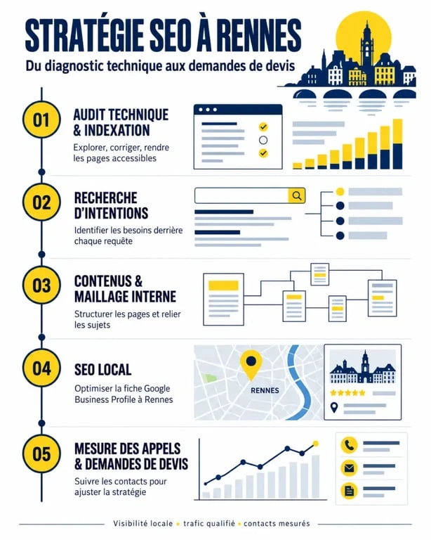 Infographie des leviers du référencement internet à Rennes, de l’audit SEO aux conversions locales
