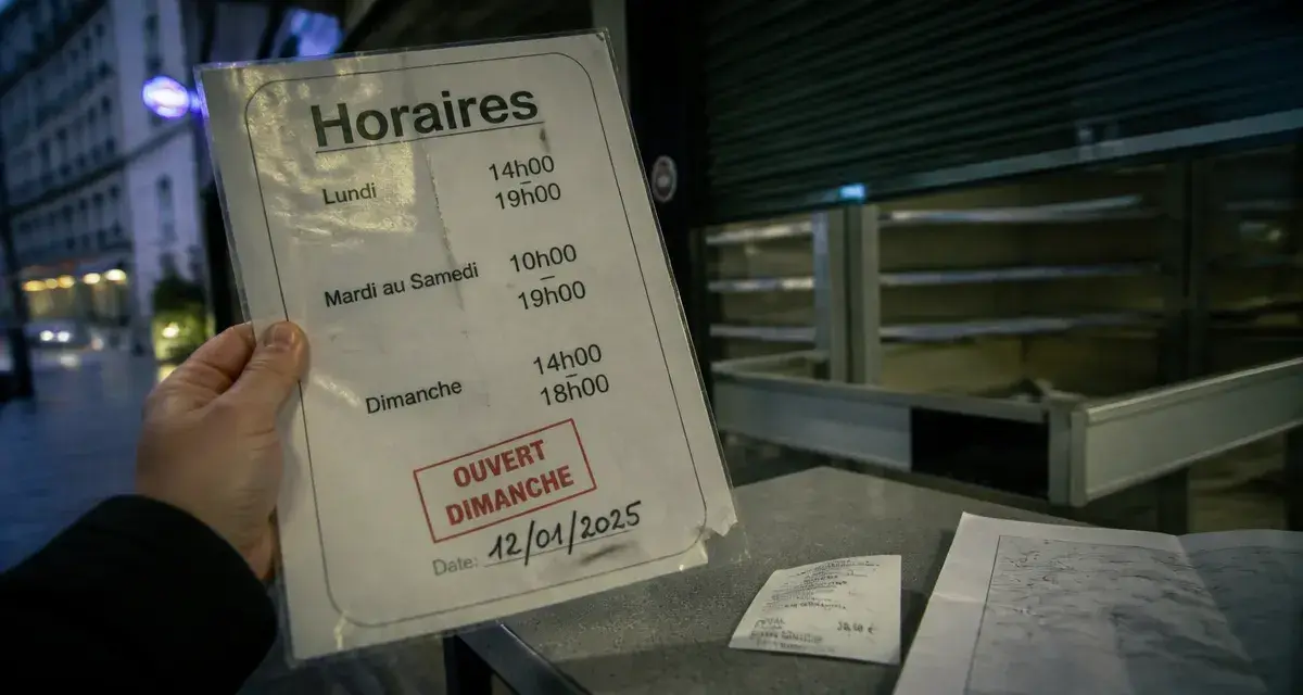 Ouverture magasins Rennes : affiche horaires en vitrine, commerce ouvert dimanche.