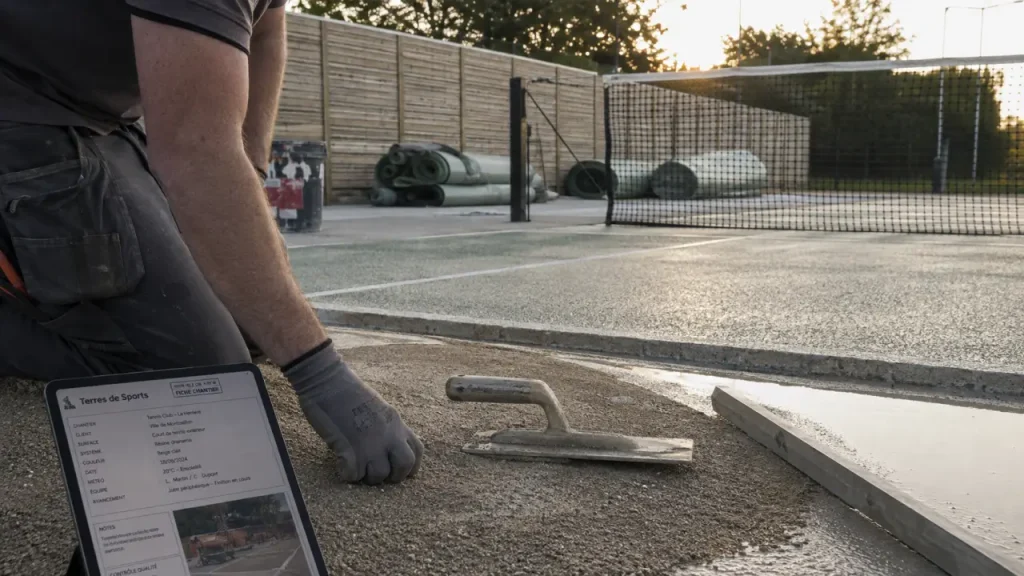 Terres de sport : technicien près d’un terrain de tennis rénové, béton poreux et drainage visible