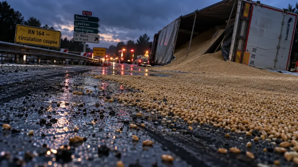 Un camion chargé de blé se couche sur la RN 164 près de Saint-Méen-le-Grand